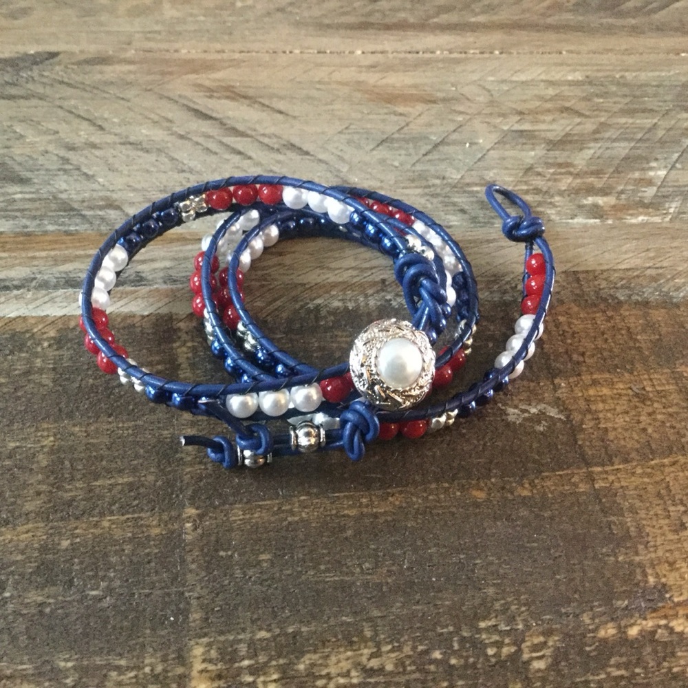 Red White and Blue Beaded Wrap Bracelet with Pearl Accent